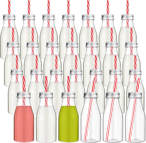 Irenare 40 Sets Plastic Small Milk Bottles with Straws and Metal Lids