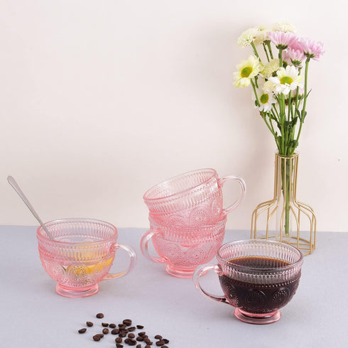 Handle-14 oz (4) Vintage Glass Coffee Mugs with Pink Embossed Glass Cups for Cappccino, Latte, Cereal, Yogurt, Tea