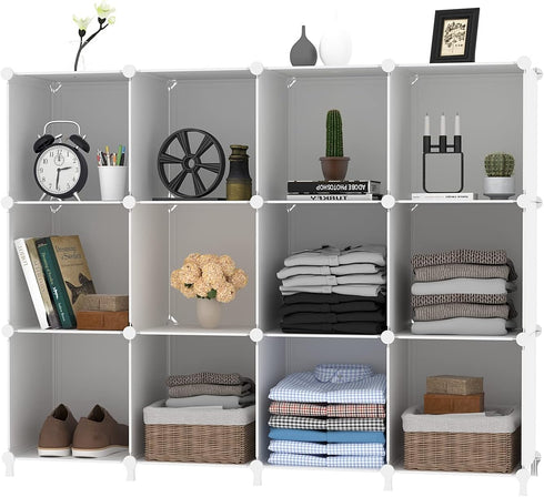 AWTATOS Cube Storage Organizer, 12 Cube Bookshelf DIY Plastic Closet Clothes Storage Shelves, Stackable White