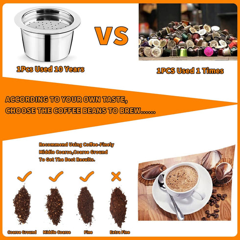 Stainless Steel Reusable Espresso Capsules for K Fee Pods, Includes 30mm Tamper, Spoon, and Brush