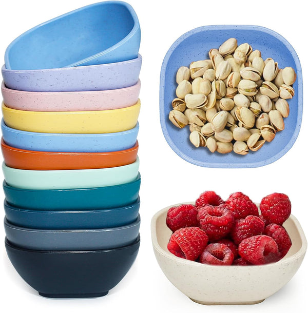12 Pack Mini Square Dinnerware Bowls, 4.5 OZ Unbreakable Wheat Straw Dipping Bowls for Kids, Multicolor