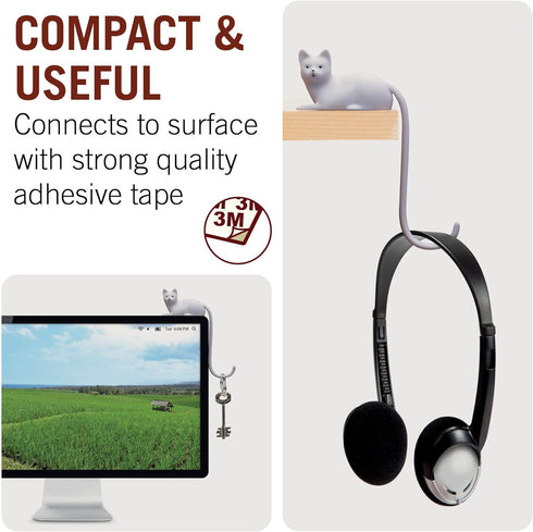 Monkey Business Ginger The Cat Tail Hook for Computer Screen, Decorative Desk Headphone Hanger for Accessories (White)