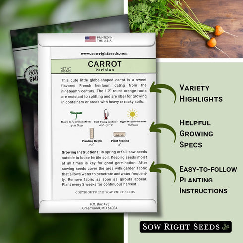 Packet (1) Sow Right Seeds - Parisian Carrot Seed for Planting - Gourmet Round Delicacy - Non-GMO Heirloom