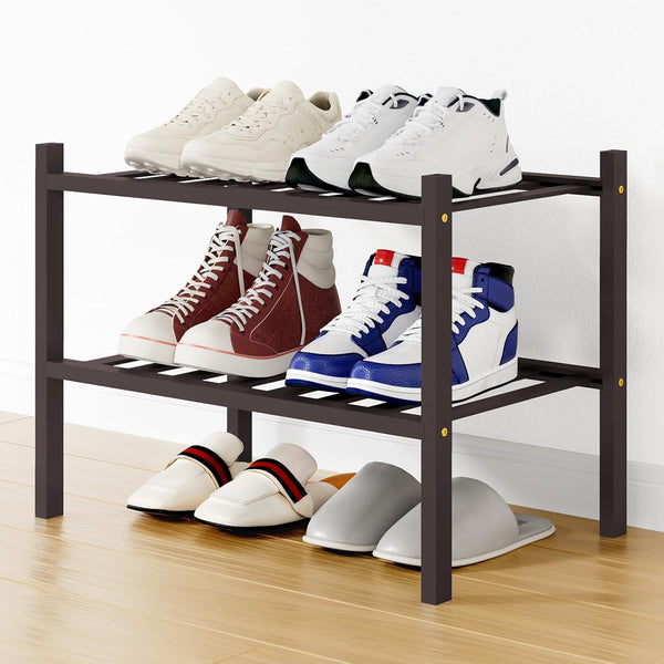Smiry Shoe Rack, 2 Tier Small Bamboo Shoe Organizer, Stackable Free Standing