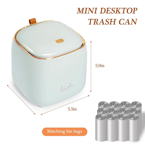 Mini Countertop Trash Can with 12 Rolls of Trash Bags, Desk Trash Can Tiny Trash Can with Press Type Lid, Desktop Trash Can Applicable for Bathroom Vanity Home Office (Trash can-kw-light blue)
