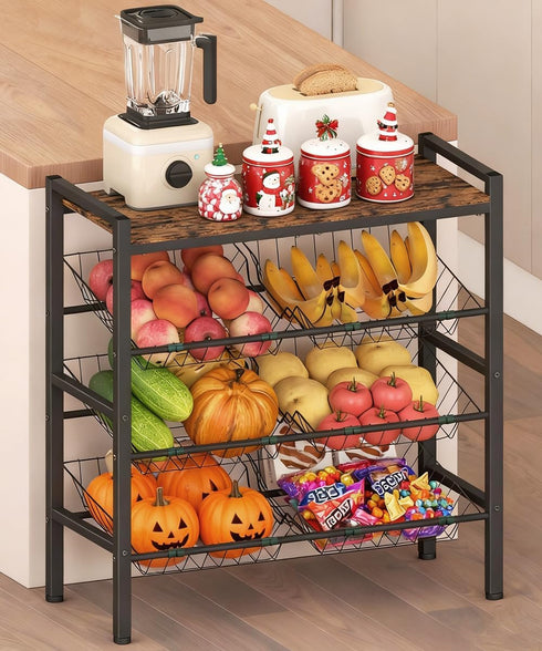 Tigerden Kitchen Fruit and Vegetable Storage Rack, 4-Tier Fruit Basket Stand, Freestanding Snack