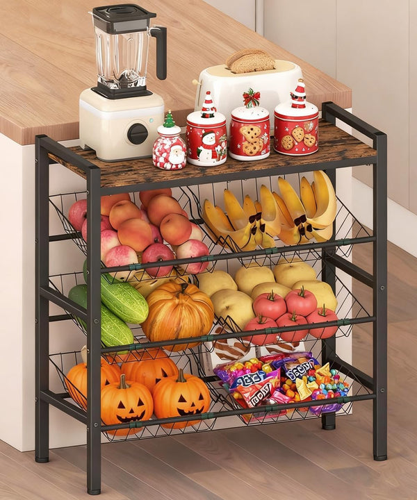 Tigerden Kitchen Fruit and Vegetable Storage Rack, 4-Tier Fruit Basket Stand, Freestanding Snack