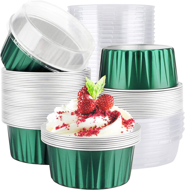 EUSOAR 50pcs 5 oz Aluminum Foil Cups with Lids, Baking Cups for Snacks, Desserts, Flan, Cupcake, Emerald Green