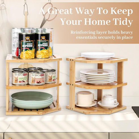 Countertop, 3-Tier 3 (9.5, Plate Organizer for Cabinet and Kitchen Bamboo Corner Shelf - Space Saver, Tier Shelf