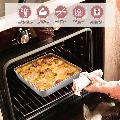 E-far Square Cake Pan Set with Lid, 6/8/9-Inch Stainless Steel Bakeware Set of 3, Easy Clean & Dishwasher Safe