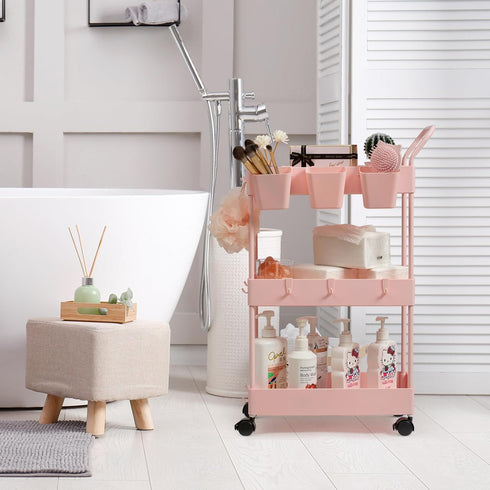 3 danpinera Slim Storage Cart, Tier Narrow Rolling Cart on Wheels Bathroom Organizer with Dividers Handle Hanging Cups