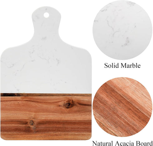 Marble and Acacia Wood Cutting Board, White Cheese Board with Handle, 13 x 8.5 Inch
