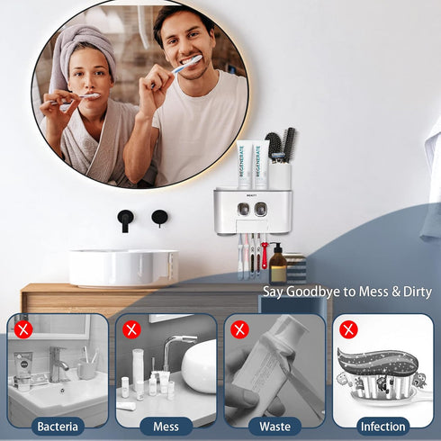 5 2 4 Toothbrush Holder Wall Mounted, WEKITY Multi-Functional Toothbrush and Toothpaste Dispenser for Bathroom