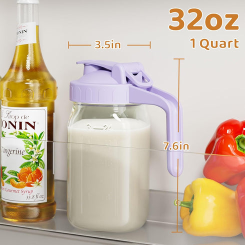 32 oz, Breast Milk Pitcher, Mason Jar Heavy Duty Wide Mouth Jar with Purple Flip Cap Lid and Pour Spout, Formula