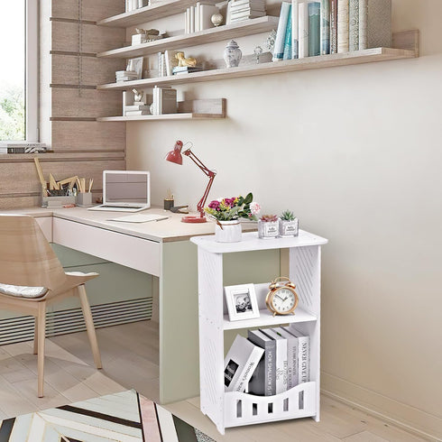 Wensdr 3 Tier Side Table Night Stand, Narrow End Table with Storage Shelf, Extended Desktop & Solid Structure, Small