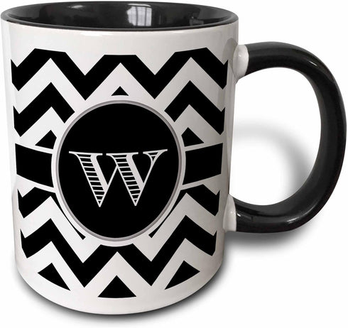 3dRose Black and White Chevron Monogram Initial W Mug - Black/White, 11 oz