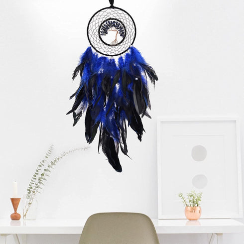 Dreamlike Deep Blue Tree of Life Dream Catcher, Handmade Feather Wall Hanging for Girls Bedroom Decor