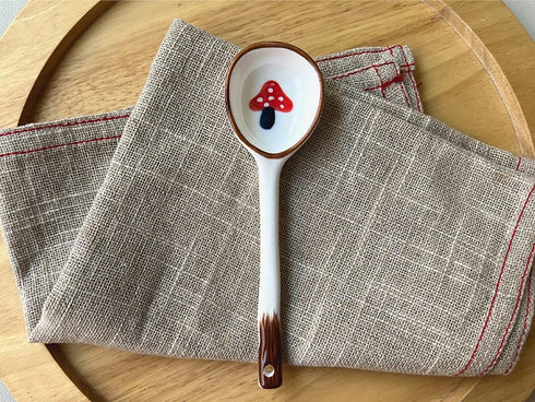 Vintage Ramen Soup Spoons, Ceramic Asian Soup Spoons Tablespoon, Rice Noodles Dinner Serving Spoon, Dessert Spoon, Ladles for Pho Miso Cereal Sauce Gravy Condiment, 4 PCS-Mushroom-6.6 Inch