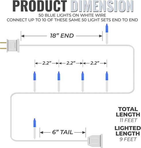 612 50 9 11 Vermont Blue Christmas Lights on a White Wire String, UL Approved, Indoor and Outdoor Use, Foot of Lighted