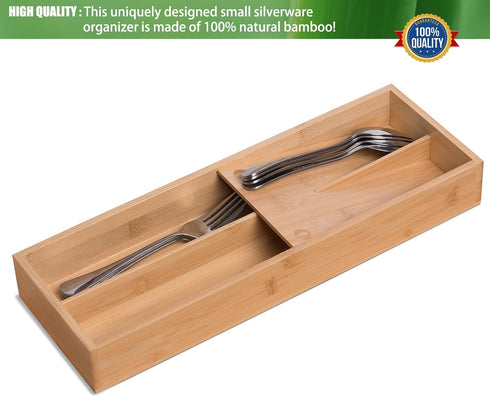 Bamboo Silverware Drawer Organizer, Small Kitchen Utensil Tray Holder for Spoons, Forks, Knives, Family of 2-4