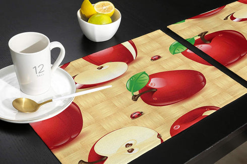 Greeeen Placemats Set of 6, Red Apples Place Mats for Dining Table, Washable Cotton Linen