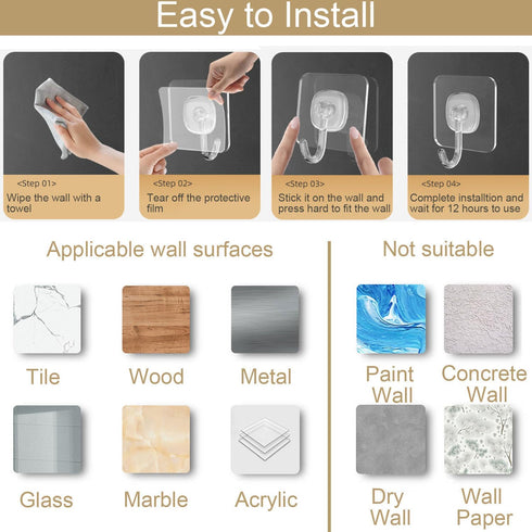 TocTen 24 Pack Heavy Duty Adhesive Hooks, 30lb Max, Damage Free Self-Adhesive Clear Wall Hooks for Bathroom Kitchen