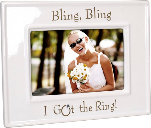 Bling Bling I Got the Ring Picture Frame, 4x6, White, Malden International Designs Glazed Ceramic with Silver Accents