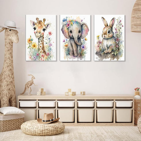 3Pcs 16x24in Safari Animal Nursery Canvas Wall Art Watercolor Baby Animals with Wildflowers Picture Posters Wall Decor