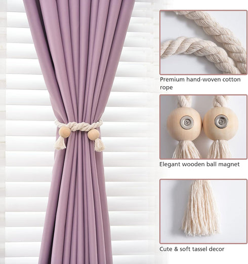 2 Pack NICEEC Wooden Ball Magnetic Curtain Tiebacks Boho Home Decor Drape Tie Backs Natural Cotton Hand Woven Rope