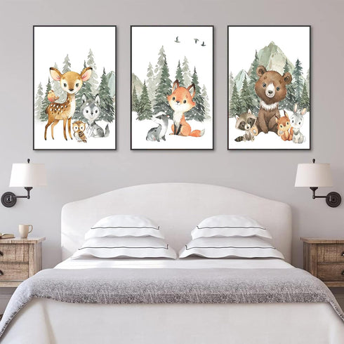 3Pcs 12x16in Woodland Animal Nursery Canvas Wall Art Forest Adventure Theme Animals Picture Posters Wall Decor Cute