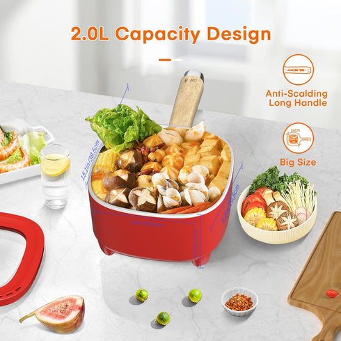 Audecook Electric Hot Pot, 2L Ceramic Glaze Non-Stick Frying Pan, Portable Cooker for Ramen, Steak, Oatmeal, Soup