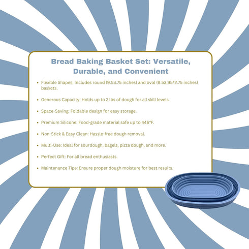 Set of 2 Blue Benaton Silicone Sourdough Bread Proofing Baskets, 9.5 Inch Oval & Round, Dishwasher Safe