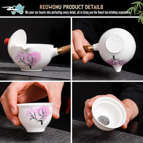 Set Set, Set 360 Set Set Set (4cups-Sakura) Japanese Tea Chinese Gongfu Tea Portable Teapot with Rotation Tea Maker