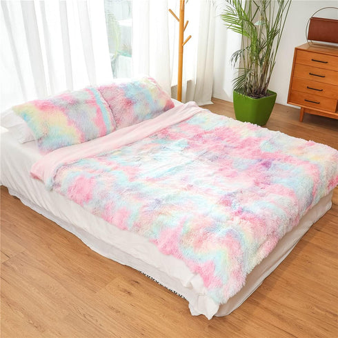 Plush Standard/Queen Pillowcase 2 Pack, Rainbow Tie Dye Super Soft Fluffy Faux Fur Pillow Cases with Zipper