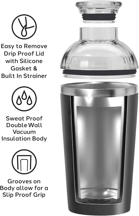 OGGI Groove Insulated Cocktail Shaker, 17oz Double Wall Vacuum Insulated Stainless Steel Mixer with Built-In Strainer