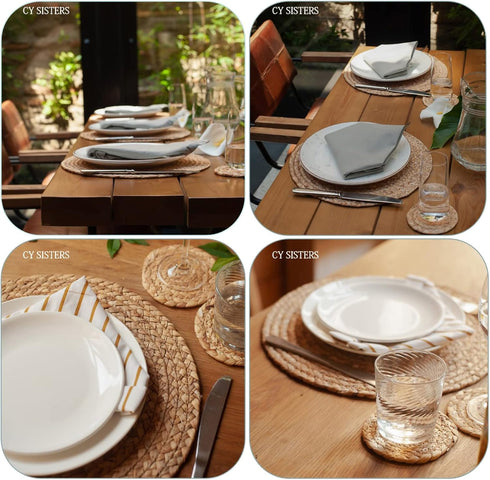 Round Woven Placemats Set of 6, Natural Water Hyacinth, 13.5 Inch Rattan Placemats for Outdoor Patio Table