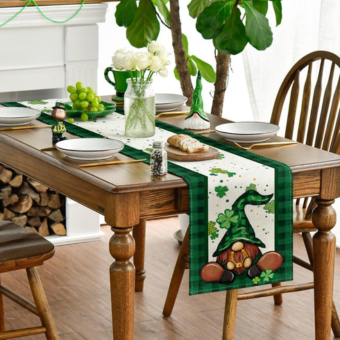 Artoid Mode Shamrock Buffalo Plaid Gnomes Table Runner, St. Patrick's Day Kitchen Decor, 13 x 72 Inch