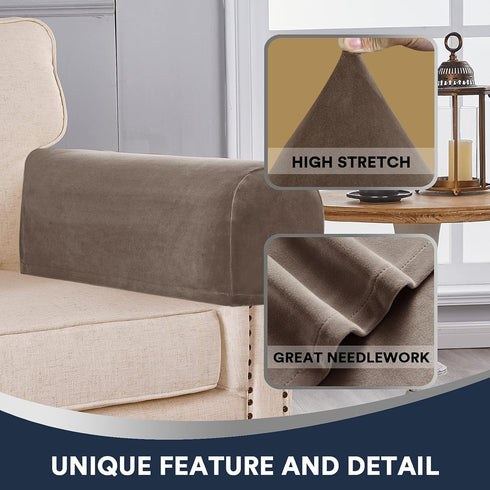 Sofa Arm Covers Stretch Velvet Plush Anti-Slip Protector for Couch Armrest, Set of 4, Taupe