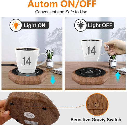 Smart Beverage Heating Plate, Electric Thermostat Coaster for Hot Coffee, Milk, Tea, and Cocoa (R1 wood grain)