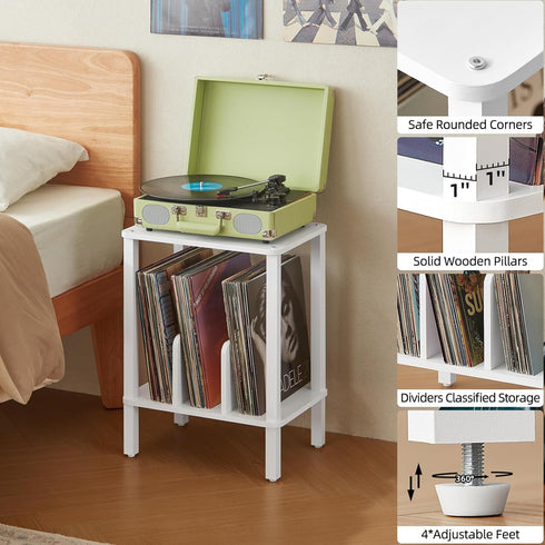 2-Tier 100 Albums, LELELINKY Record Player Stand with Vinyl Record Storage up to Bedroom Record Holder
