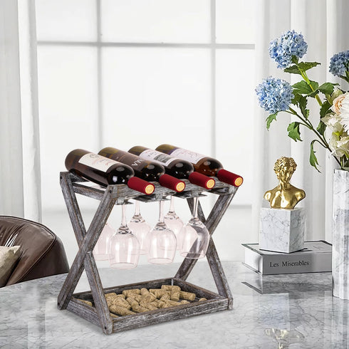 WDSHIYI 4 6 Countertop Rustic Wood Wine Rack for Bottles and Stemware Glass Holder- Wine Racks with Glass Holder, Home