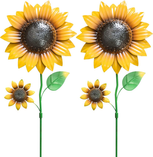 YEAHOME 2 Pack Garden Decor, 22.4“ Sunflower Garden Stakes, Metal Flowers with Shaking Head for Outdoor Decoration