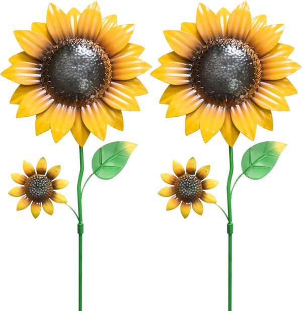 YEAHOME 2 Pack Garden Decor, 22.4“ Sunflower Garden Stakes, Metal Flowers with Shaking Head for Outdoor Decoration