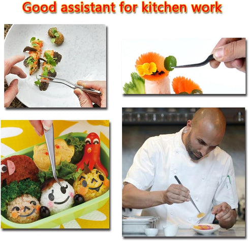 Kitchen Cooking Tweezers Culinary, 3 Piece Set Stainless Steel Precision Tongs with Offset Tip for Food Design Styling