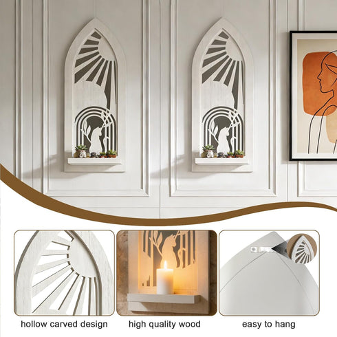 Set 2, Wood Wall Sconce Candle Holder of Rustic Wall-Mount Mirrored Candle Holders, Carved Wood Frame Farmhouse Hanging