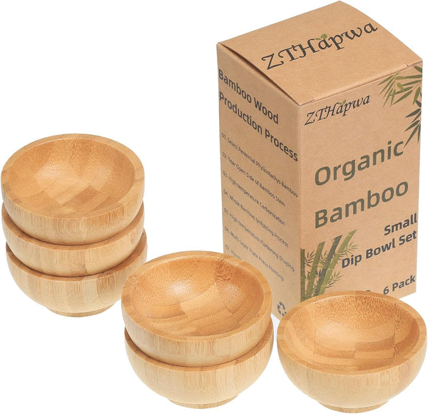 Dipping Bowls Set, Small Bamboo Sauce Cups for Soy Sauce/Condiment, Reusable Round Side Dish Bowls (Wood Color 1.4 oz.)