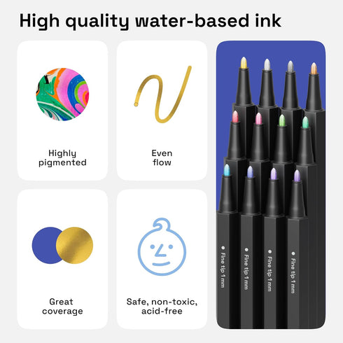 12 1mm ARTISTRO Metallic Paint Pens for Glass Marking, Rock Painting, Ceramic, Wood, Fabric, Scrapbooking, DIY Craft