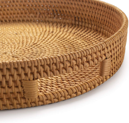 14 inch 2.4 inch) Coffee Table Tray Round Rattan Ottoman Tray Woven Serving Trays with Handles for Home and Kitchen