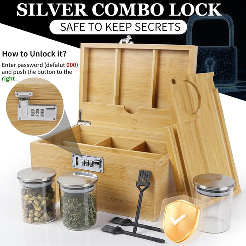 Large Bamboo Box with Combination Lock, Decorative Storage Box with Detachable Compartment, Great Gift Choice