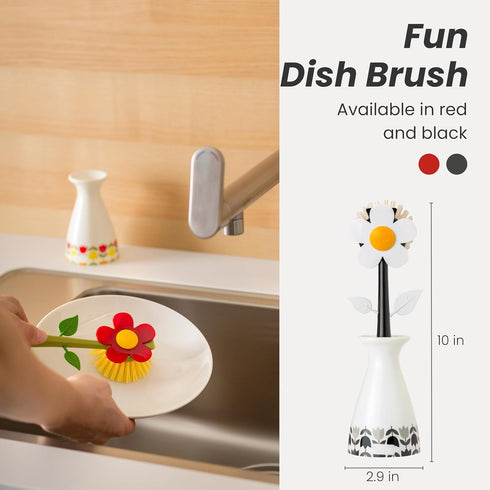 Vigar Flower Power Dish Brush with Vase Brush Holder, Dish Brush with Handle for Pot Scrubber, Dishes, Sink